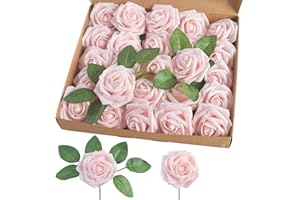 homEdge Künstliche Rose, 25 Stück Kunstschaumblumen mit Stiel für Heimdekoration, Hochzeitssträuße, Party, Certerpieces, Jubiläen-Champagne Pink