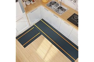 BWBIKE Kitchen Rugs Sets 2 Piece Soft Kitchen Floor Mat Farmhouse Kitchen Carpets and Rugs Non Slip Washable for Bathroom Entryway Laundry, 43x75cm + 43x150cm, Golden Lines
