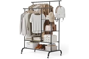 HAUSPROFI Schwerlast Kleiderständer auf Rollen, Doppel-Kleiderstange mit 3 Ablagen & Haken, Stabile Rollgarderobe aus Metall（Schwarz）