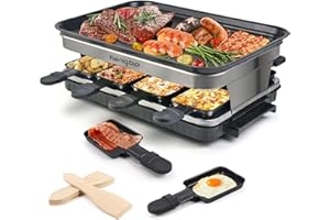 ‎HENGBO Raclette 8 Personen Tischgrill Elektrisch, Raclette Grill mit 8 Mini Pfännchen & 4 Holzspatel Stufenlos Regulierbare Temperatur, 1500W, Antihaftbeschichtet, Edelstahl