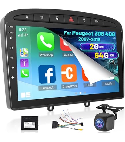 Autoradio Android 9 Pollici Per Peugeot 308/408 2007-2013, Con CarPlay E Android Auto Wireless, GPS, Telecamera Posteriore