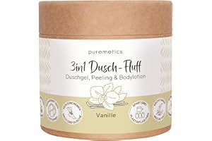 ‎PUREMETICS puremetics 3in1 Dusch-Fluff (250g) | Duschgel, Peeling und Lotion in Einem | vegan & plastikfrei | pflegend, hautverfeinernd & glättend | Zucker Meersalz Peeling | Zero Waste (Vanille)