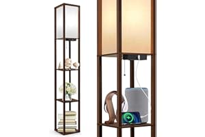 OUTON Floor Lamp with Shelves, LED Column Modern Floor Lamp with USB & Type C Port, 3 Color Temperature, Wooden Standing Lamp with White Linen Shade for Living Room, Bedroom, Office (Walnut Brown)