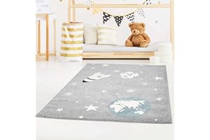 CARPET CITY Dywan dziecięcy Bubble Kids z płaskim włosiem, kosmos, rakieta, gwiazdy, szaro-niebieski, do pokoju dziecięcego: wymiary 120 x 160 cm