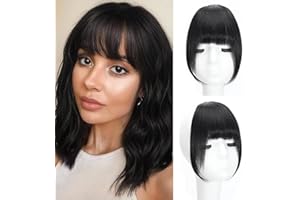 SEIMAINURS Clip In Fringe 100% Real Human Hair Bangs Hair Clip Thin Bangs On Hairpiece On Air Bangs With Temple Wispy Bangs Hair Extensions for women (Natural black, Clip in French Bangs)