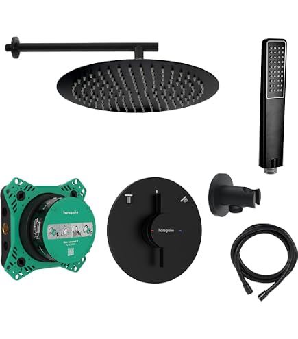 Vanvilla Duschsystem Set Schwarz Matt – Mit Hansa Armatur, Regendusche 30x30 Cm & Handbrause