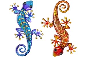 HONGLAND Metal Gecko Wall Decor - Outdoor Indoor Lizard Art Hanging Sculpture, 15 Inch Gecko Glass Decorations for Garden Fence Home(Blue&Orange) - Set of 2