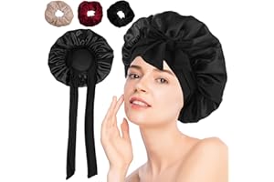 ZORVIXAL Bonnet Sleep Cap für Die Nacht, Schlafhaube Haare mit 3 Haargummis, Schlafmütze Seide mit Elastischem Band, Seidenhaube zum Schlafen Lange Haare, Schlafhaube Seide Motorhaube für Nacht Alltag(Schwarz)