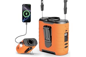 AIREASE 6-in-1 Taillen Clip Ventilator, Ventilator Akku 10000 mAh,5 eschwindigkeitsstufen, 40h Laufzeit USB Wiederaufladbar, für Baustelle, Outdoor, Wandern, Arbeiten im Sommer COB-Licht & Powerbank（Orange）