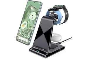 WUSTENTRE Induktive Ladestation für Google Pixel Watch 2, Fitbit Versa 4/Versa 3/Sense 2/Sense Charger, Kabellose Ladestation Kompatibel mit iPhone Google Pixel Samsung Phone, Pixel Buds Pro, Galaxy Buds