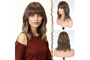 FESHFEN Rubio Mixto Marrón Pelucas Ondulado con Flequillo para Mujer, 35 cm Peluca Bob Rizado Corta Sintética Pelucas de Cabello Parte Media Longitud del Hombro de Fiesta