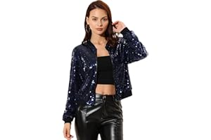 Allegra K Femmes Veste Ajustée à Manches Longues à Glissière et Paillettes Noël