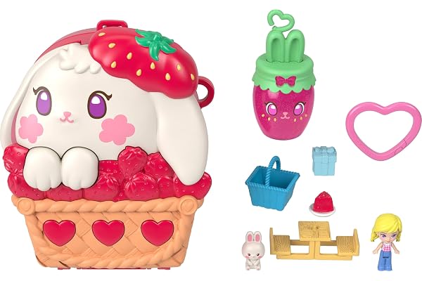Polly Pocket dockor och lekset, jordgubbspicknick kaninform | Bärbar reseleksak, 1 mikrodocka, husdjur, frukttillbehör, JKC47