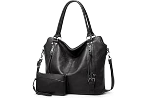 Aileese 2PC Set Tote Handbag for Women PU Leather Shoulder Bags Fashion Hobo Bags Large Purse and Handbags with Adjustable Shoulder Strap Black