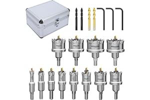 MOLLOM 12 seghe (13-54mm) Kit di seghe a tazza in carburo TCT per metalli duri. 4 punte pilota extra per acciaio inossidabile, ferro, alluminio, leghe e altri metalli