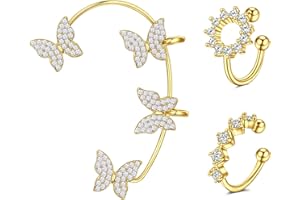 LAURITAMI 3pcs Ear Wrap Earrings Butterfly Ear Cuff for Women Clip on Fake Helix Cartilage Non Piercing CZ Diamond