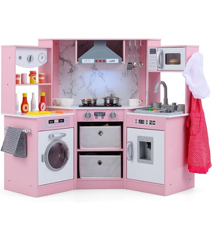COSTWAY Cuisine d'Angle Enfants avec 16 Accessoires & Son & Lumière, Jeu de Cuisine Enfants avec Machine à Glaçon & Lave-Vaisselle Séparé, Tableau Noir pour 3 Ans+ (Rose