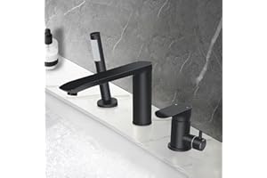 PHASAT Robinet Baignoire 3 Trous,Robinet de baignoire avec douchette et tuyau,Mélangeur en laitonpour Salle de Bain Chaude et Froide Réglable,Noir Mat