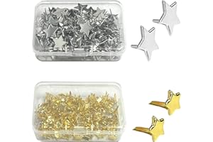 NYXSEAT 200 Stück zweibeinige Nägel, 2 Stück Aufbewahrungsboxen, Mini-Clip mit fünfzackigem Sternmuster, geeignet für Scrapbooking, Kunsthandwerk (Gold, Silber)
