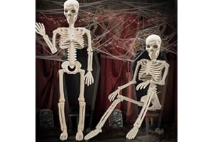 Kinyoda Halloween Skelett Dekoration, 90cm Realistisches Ganzkörper Skelett mit beweglichen Gelenken für Party Requisiten Gruseliger Friedhof Geisterhaus Rasen Garten Dekoration