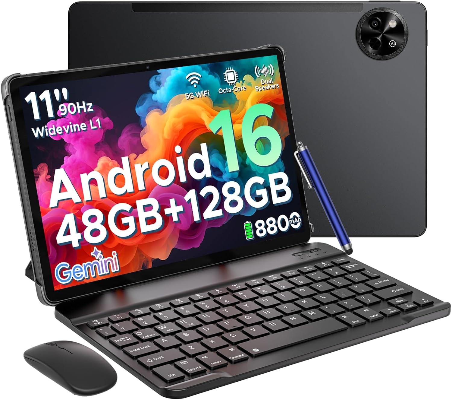 POPUX P11 Tablet Android 16, Tablet 11 Pulgadas con 48GB RAM+128GB ROM/TF 2TB, T7250 Tablets Android con 90Hz Display, 8800mAh, 13MP+5MP, Gemini AI, Widevine L1, 5G WiFi, Teclado, Lapiz, Negro