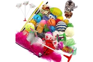 QUOZUO 32 Stück Katzen Spielzeug Set, katzenspielzeug Bälle, Teaser Stab mit Maus, Federspielzeug, Plüschspielzeug, Mäuse, Interaktives katzenzubehör
