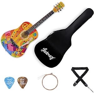 Juarez Retro Acoustic Guitar, 38 Inch Cutaway, Hippie Peace Design, With Bag, Picks, Strap & Extra String Set - Basswood