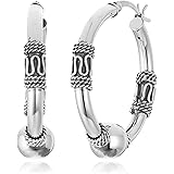 Amazon Collection 925 Sterling Silver 29mm Balinese Beaded Hoop Earrings for Women