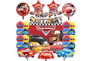PHILOCTES 25 Pezzi Decorazione Compleanno Auto Set, Cars Foil Palloncini con Tovaglia e Bandiera Happy Birthday, per Festa di Compleanno a Tema Cars Bambini
