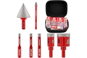 FOCSTOL Diamond Core Drill Bit Set - 7pcs (6/8/10/20/35mm+35mm Beveling Chamfer Bit+6mm Carbide Drill Bit) Diamond Hole Saw Kit for Porcelain Ceramic Tile Marble Granite