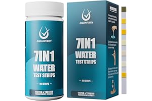 AQUAVERITY Bandelettes test piscine, 100 bandelettes de test de piscine et de spa pour l'alcalinité totale, la dureté, le chlore libre, le brome, le pH, l'acide cyanurique et le chlore total, 7 en 1