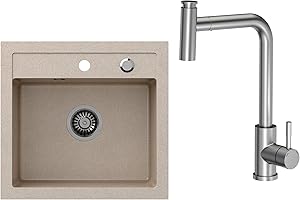 VBChome Fregadero de cocina de 50 x 47 cm, color beis, para empotrar, con caño giratorio y extensible