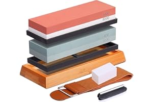 Emsmil Piedras de Afilar de Doble Cara 400/1000 3000/8000 Cuchillo de Piedra Afiladores al Agua Manuales Profesional con Base de Antideslizante Guía de Ángulo Piedra de Aplanamiento Tiras de Cuero