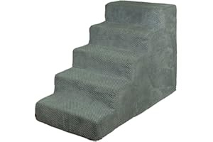 BOUTIQUE ZOO Hundetreppe 50 cm hoch | Katzentreppe Haustiertreppe | 5 Stufen | Hunde Katzen Haustier | für Bett und Auto | Trepp für kleine Hund | Plüschbezug | Farbe: Dunkel Grau