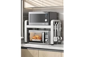Uwenkjie Expandable Microwave and Oven Rack, Kitchen Counter Storage Shelf with 6 Hooks, Space Saving, White, Upgraded and Thickened Version