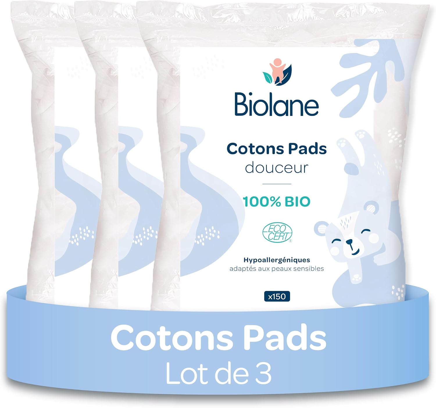 BIOLANE - Lot de 3 Cotons pads douceur - Bébé - 100% Bio - 150 Cotons - Peaux sensibles - Change & Toilette - Dès la naissance - Fabriqués en France