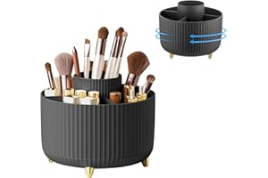 Lacusmall 360°Rotating Makeup Organiser Make Up Brush Holder, Makeup Organiser Rotating with 5 Compartments for Dressing Table Bedroom Bathroom Office, Black