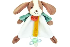 Baby Nat' - Doudou Attache Sucette Lucien Le Chien 17 cm - Doudou Bébé Chien Mixte avec Oreilles Souples et Nouettes - Peluche Attache Sucette Lavable 30° Cadeau Naissance Fille Garçon - BN6026