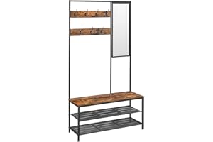 ‎VASAGLE VASAGLE Wieszak na ubrania z organizerem na buty, wieszak na ubrania na korytarz z lustrem, haczykami, ławką i półkami na buty, 35 x 98 x 180 cm, korytarz do sypialni, styl industrialny, rustykalny