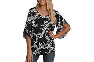 Yommay Damska bluzka szyfonowa topy damskie eleganckie na co dzień luźne rękawy 3/4 marszczony dekolt w serek letnia bluzka koszulki