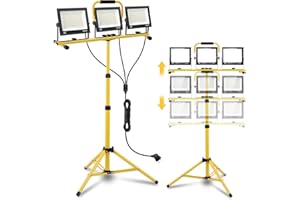 Viugreum Projecteur Led Chantier 300W avec Trépied et Prise Luminaire Exterieur à Trois Têtes Avec 3m Câble IP65 Étanchéité Blanc Froid 6500K Portable Lampe Chantier pour Atelier Garage Construction