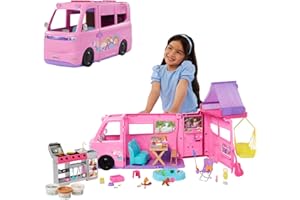 Barbie Súper Caravana DreamCamper Conjunto de juego con tienda de campaña en el techo, columpio, estanque de pesca, barbacoa con función de cambio de color y más de 60 accesorios, incluida masa, HRJ78