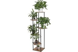 LEADZM 6 Etagen Pflanzenständer Blumenständer, Metall Holz Blumenhocker Blumentreppe Blumenregal, Blumentopf Ständer Pflanzentreppe für Balkon Garten Wohnzimmer, Schwarz (Schwarz, 6 Etagen)