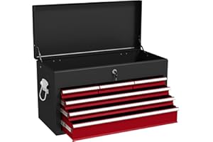 HOMCOM 6 Drawer Tool Chest, Lockable Metal Tool Box with Top Case, Ball Bearing Runners, Portable Toolbox, 600mm x 260mm x 340mm, Red