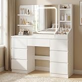 TRIUMPHKEY Large Makeup Vanity with Dimmable LED Lights and Mirror, with 4 Shelves, 7 Drawers, 3 Open Compartments, 110 x 40