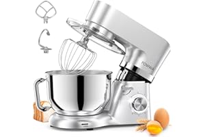 Batidora Amasadora, POWWA Amasadora de Pan Repostería 1500W, 6 Velocidades con Pulso, Potente y Bajo Ruido, Robot de Cocina Amasador Multifuncional, Bol de Acero Inoxidable 5.5 L Capacidad