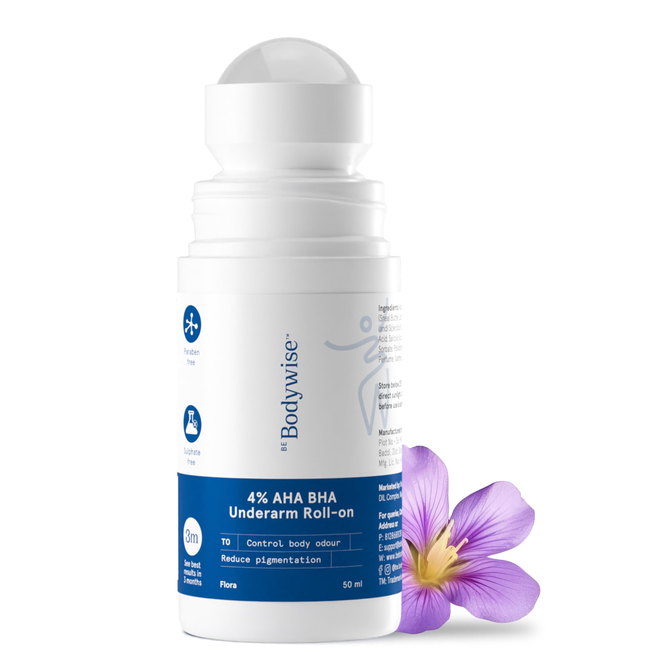 Be Bodywise 4% AHA BHA Underarm Roll on | With 2% Lactic Acid, 1% Mandelic Acid, 1% Salicylic Acid | Prevents Odour, Reduces 