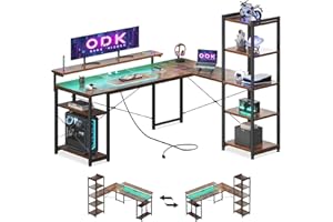 ODK Escritorio, Escritorio en L con con Estanteria, Escritorio Soporte de Monitor Largo (Marrón Vintage, 155×140 cm con LED & enchufes estándar)