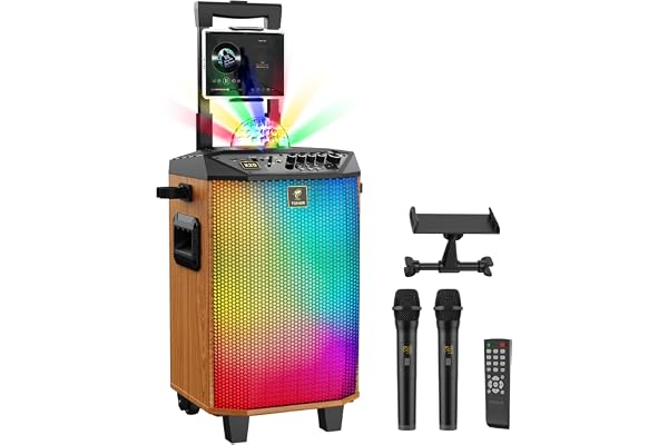 Machine de karaoké pour Adultes, Haut-Parleur Bluetooth Portable TONOR avec 2 Microphones sans Fil, système de sonorisation avec Boule Disco pour la Maison, Marron, Prend en Charge REC/TF/AUX