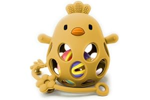 MÜVI - Mordedor bebé sensorial con sonajero y cadena, Mordedor de dentición +3 meses, Silicona alimentaria, suave y sin BPA, Fácil de agarrar y morder, Alivio para encías - Teether (Mango)